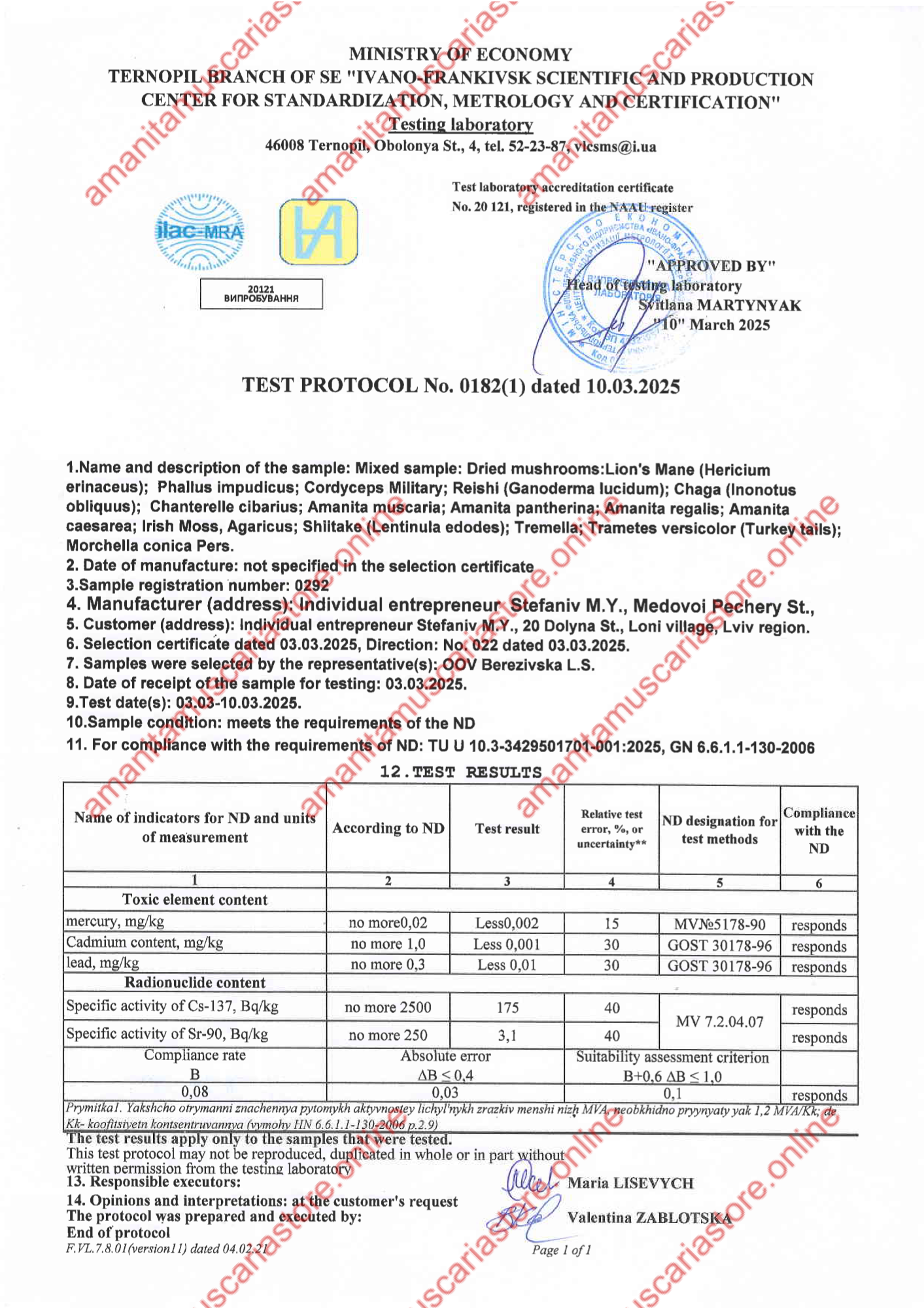 Test protocol No. 0182(1) for toxic elements preview with Amanita Store watermark