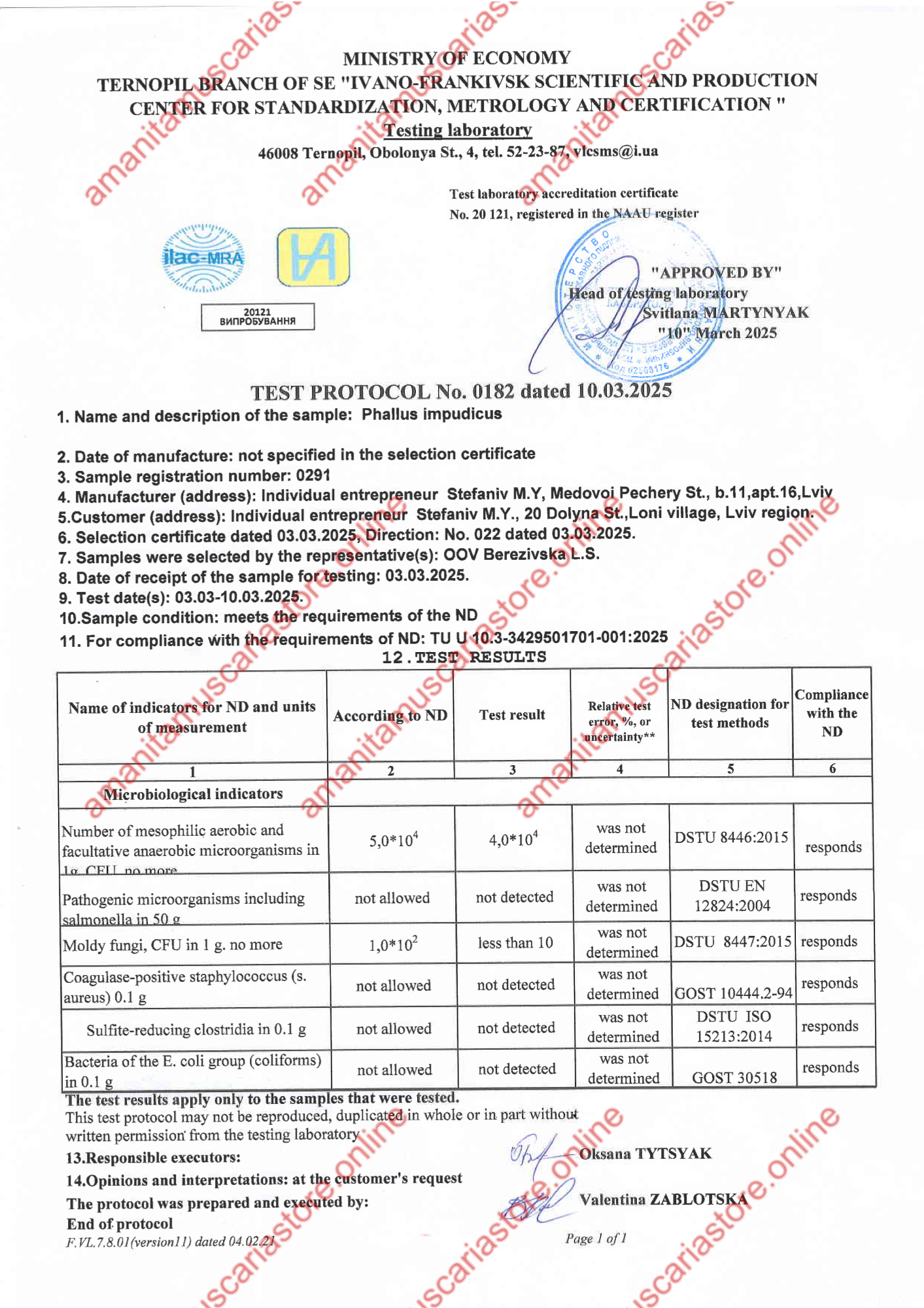 Test protocol No. 0182 for microbial indicators preview with Amanita Store watermark
